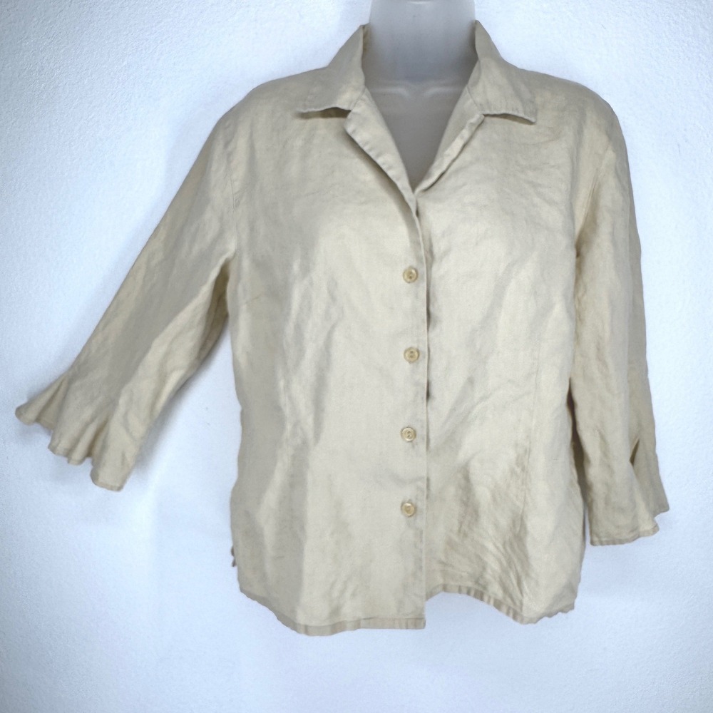 Vintage Linen Button Shirt Beige 3/4 Flare Sleeve Medium Earthy Country Granola